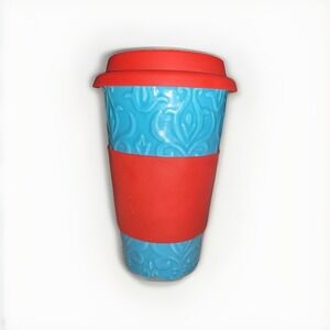 SCM Designs Coffee Cup Stoneware With Silicone Lid And Sleeve Teal & Red EUC
